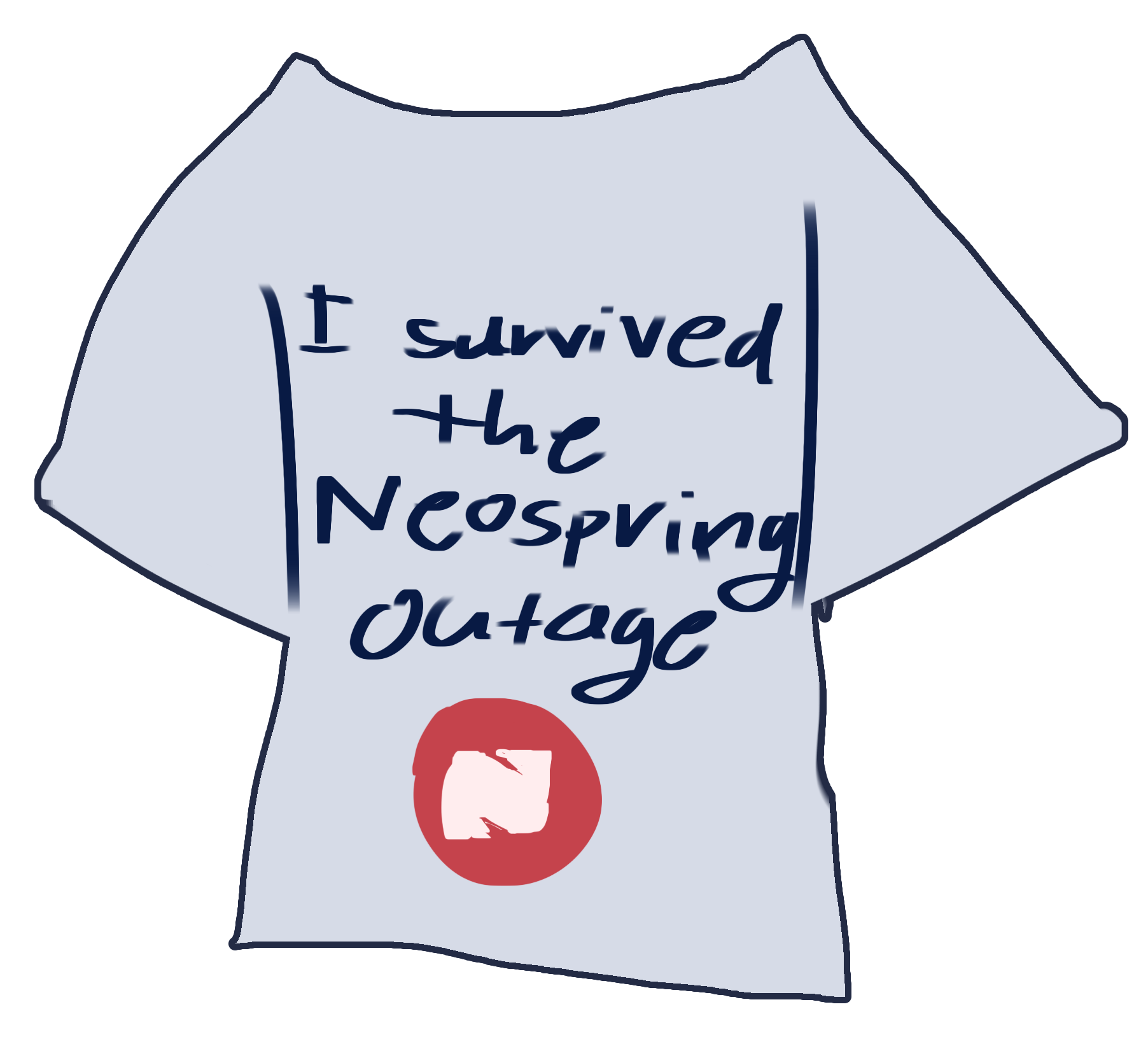 A drawing of a white shirt saying "I survived the Neospring Outage" with a red circle and an N underneath as the Neospring logo