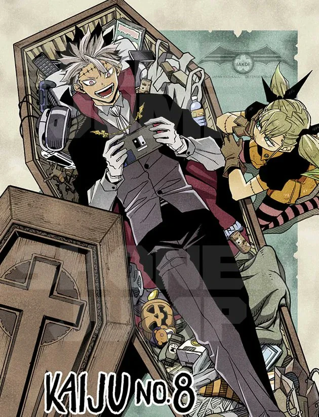 Official artwork of Gen Narumi wearing a vampire style costume, lying in an open coffin and playing a game, with Kikoru Shinomiya wearing a witch style costume, sitting next to the coffin, both characters are from Kaiju No. 8