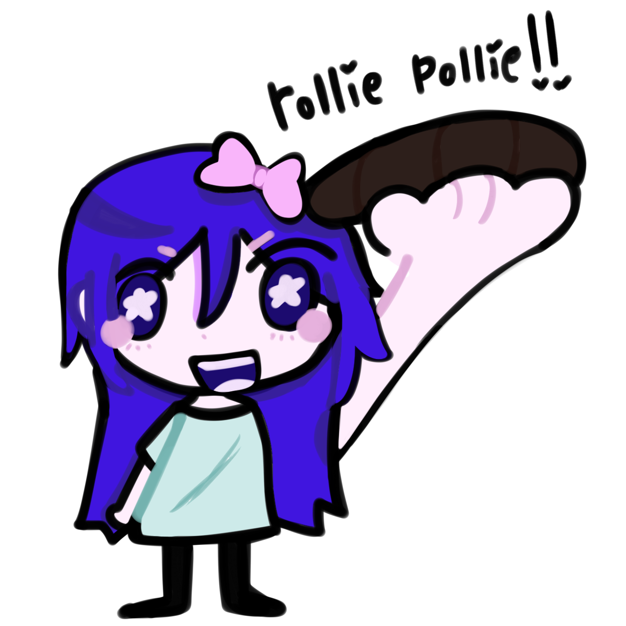 headspace aubrey from omori holding a rollie pollie and saying " rollie pollie !! "